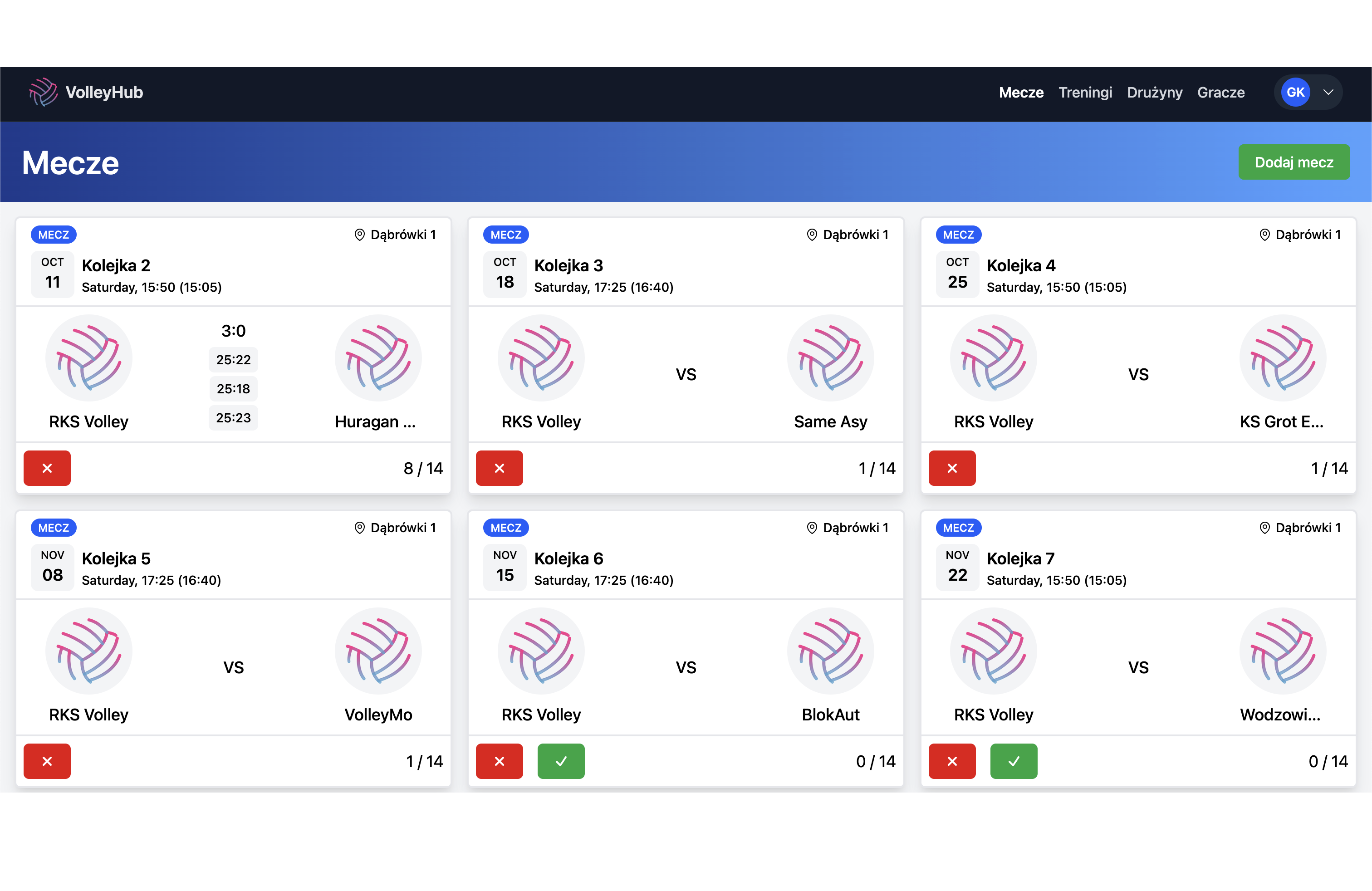 Interfejs zarządzania meczami